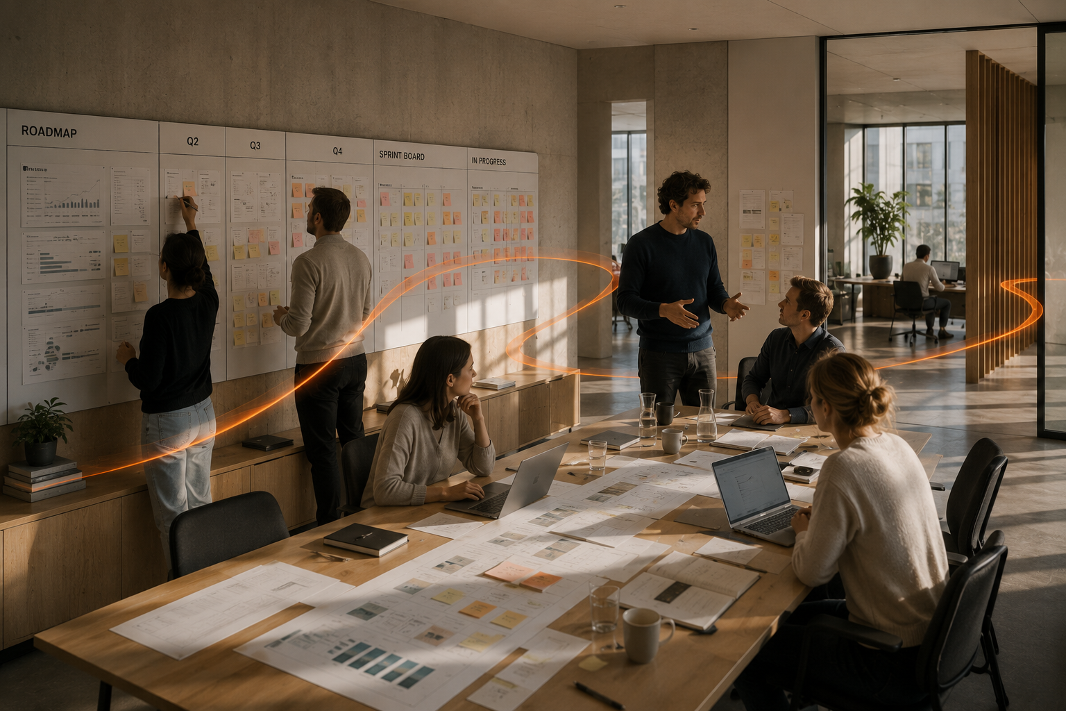 Team in een moderne werkruimte met een roadmap en sprint board, met een gloeiende oranje lijn die regie en voortgang visualiseert