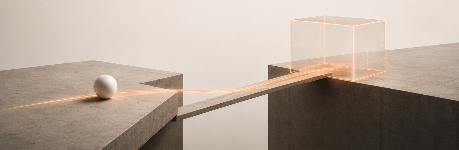 Een architectonische overgang waarin een oranje stroom de uitkomst bereikt, terwijl eigenaarschap visueel onduidelijk blijft.